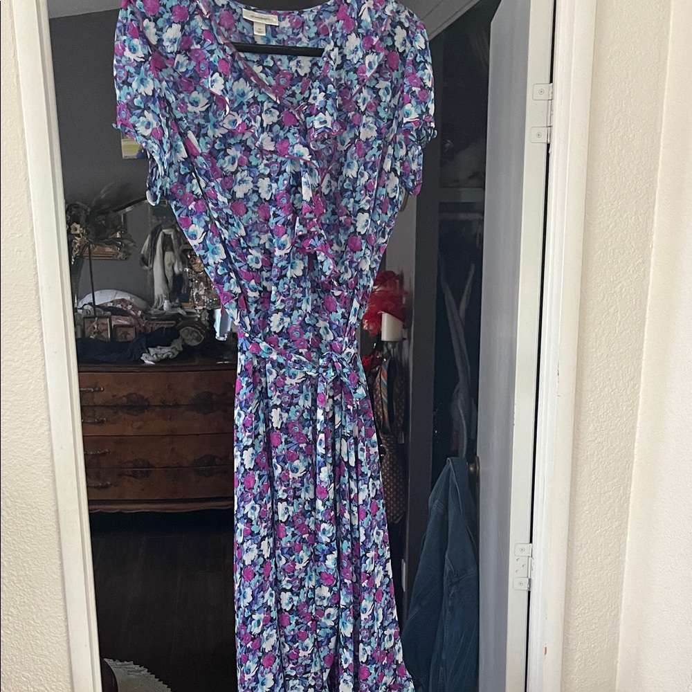 Dress barn floral dress, sheer ruffle